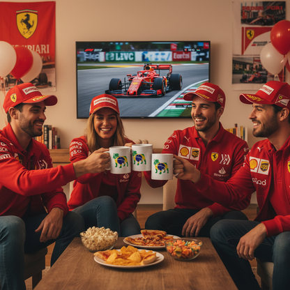 A group of three to four friends in Ferrari team apparel, each holding a Forever Roscoe Brazilian Flag Mug featuring a bulldog with the Brazilian flag. The scene is warm and lively, with F1 decorations and snacks, celebrating Lewis Hamilton and Roscoe on race day.