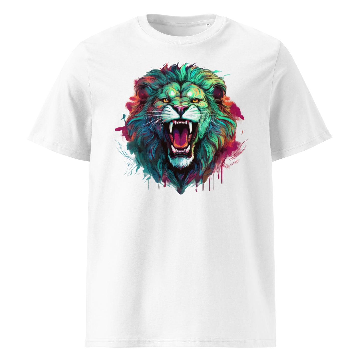 Front of the t-shirt featuring a roaring green lion with red and blue accents on a white background – a bold choice for Irish rugby and Lions Tour fans.