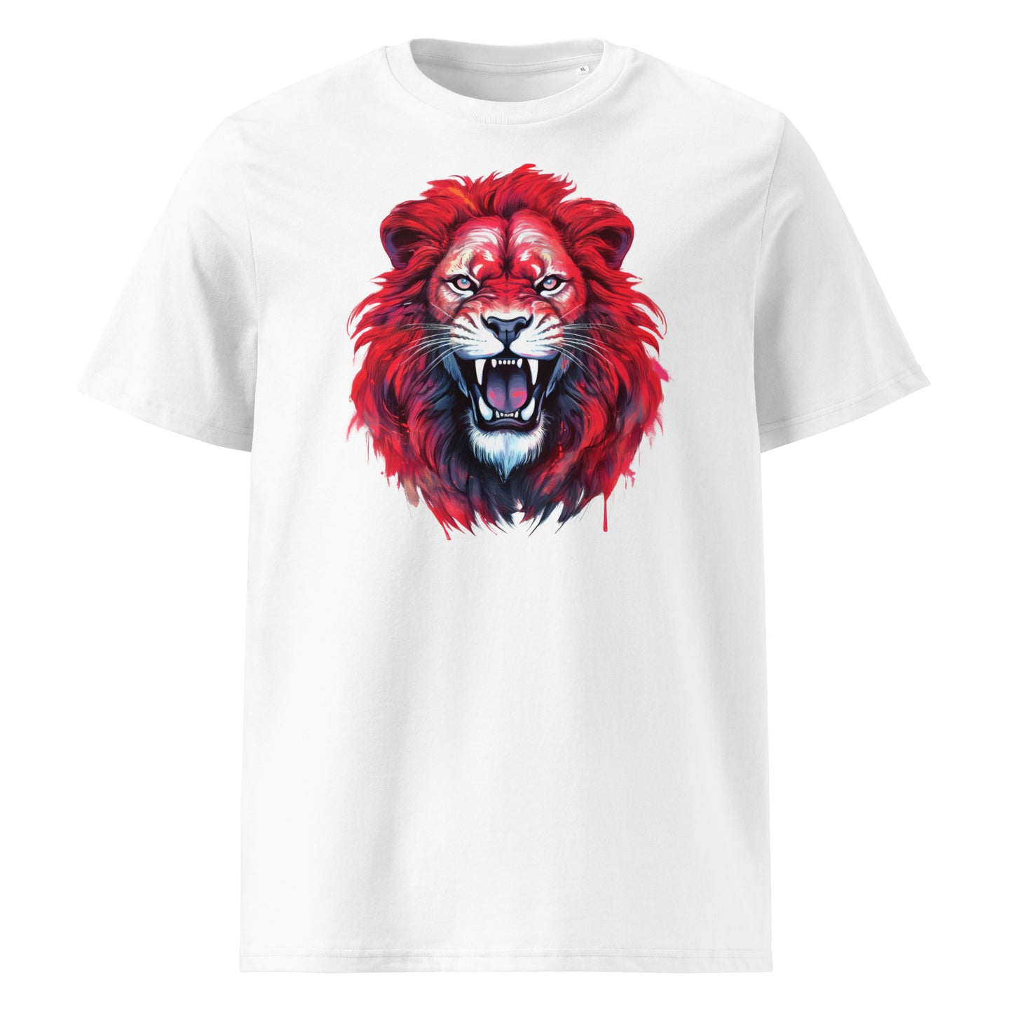 Front of the t-shirt featuring a roaring red lion with dark accents on a white background – ideal for Munster and Lions Tour rugby fans.