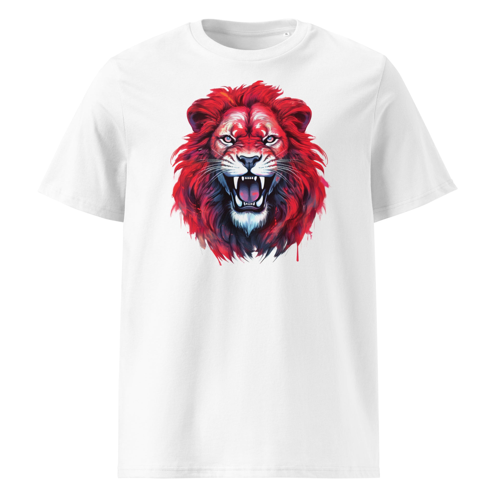 Front of the t-shirt featuring a roaring red lion with dark accents on a white background – ideal for Munster and Lions Tour rugby fans.