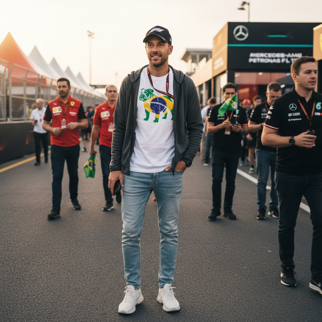 Man wearing TheTeeShop’s Forever Roscoe Brazilian Flag T-Shirt from the Paddock Collection, walking through a paddock area surrounded by team members and fans, showcasing premium organic cotton motorsport fan apparel.