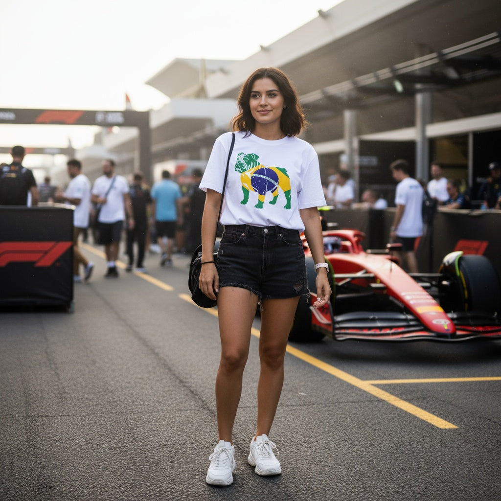 Young woman wearing TheTeeShop’s Forever Roscoe Brazilian Flag T-Shirt, inspired by a bulldog, standing in a paddock area with a race car in the background, showcasing premium organic cotton fan apparel.