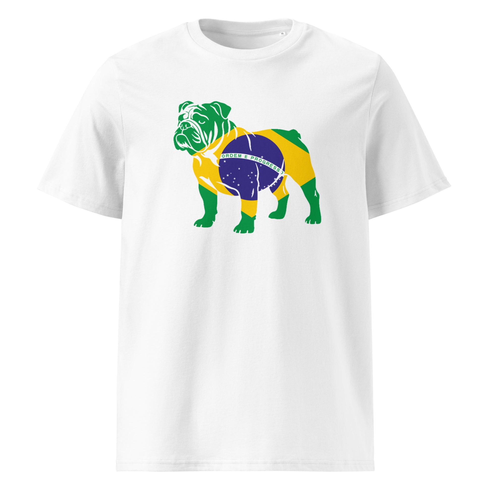 White unisex t-shirt featuring a bulldog graphic styled in the green, yellow, and blue of the Brazilian flag, part of TheTeeShop’s Forever Roscoe series and Paddock Collection.