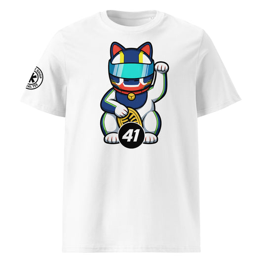 White t-shirt with a large front print lucky cat racer featuring a bold cyan helmet and a #41 lucky coin made for #41 fans and rising-star believers.