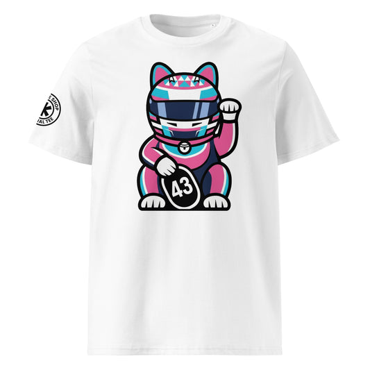 White t-shirt with a large front print lucky cat racer in bright pink/teal holding a #43 lucky coin perfect for #43 fans and new-school energy.