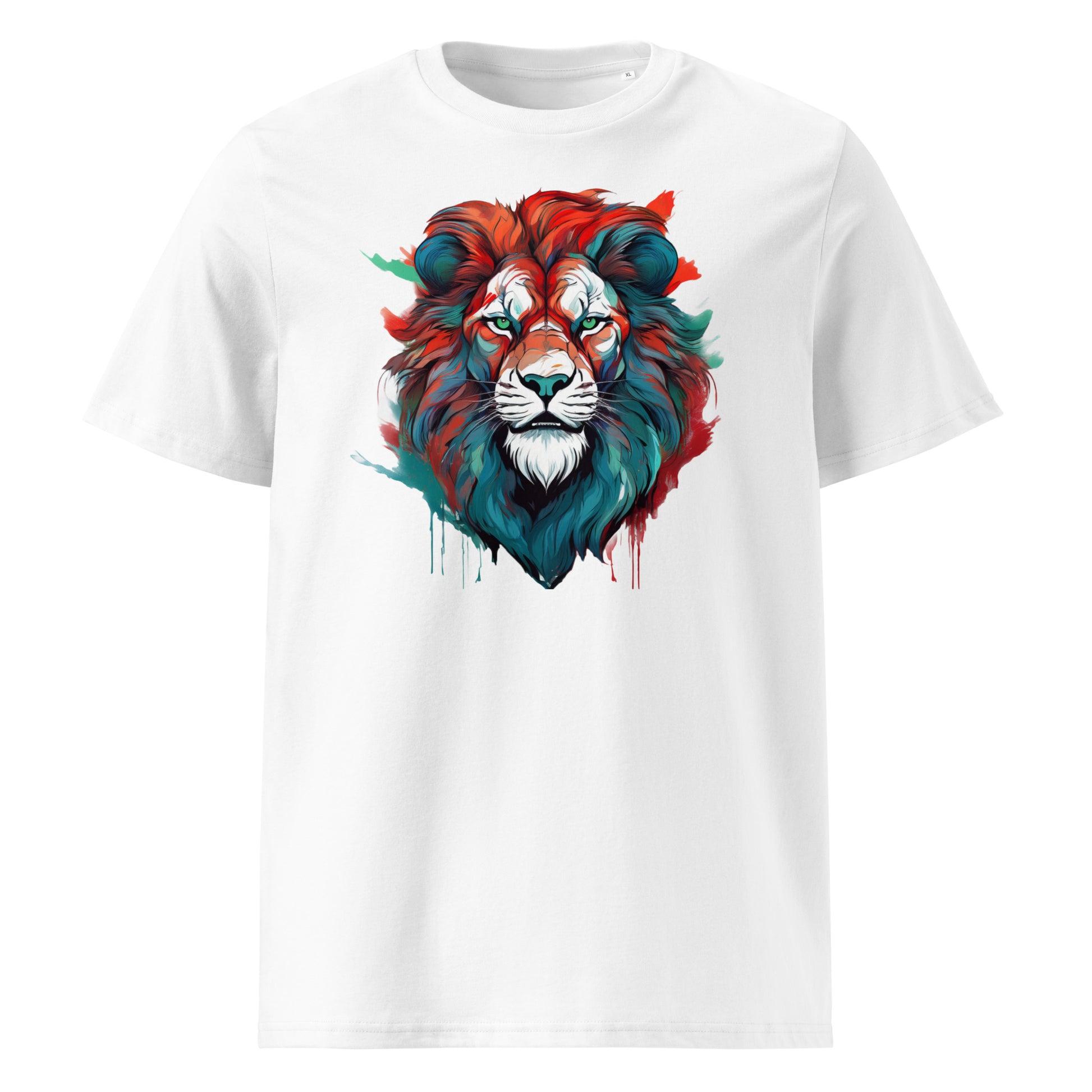 Front of the t-shirt featuring a proud lion portrait in red, blue, green, and white on a white background – representing all four nations of the Lions Tour.