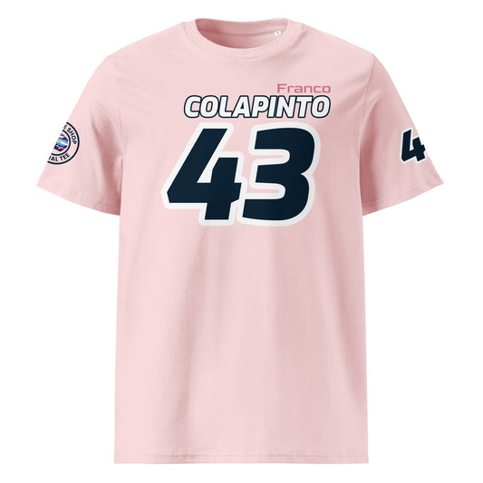 View the front of the pink Franco Colapinto Alpine F1 Driver T-Shirt, featuring "COLAPINTO" and the number "43". Perfect for F1 fans and petrol heads.
