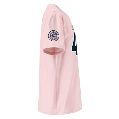 Check out the right sleeve of the pink Franco Colapinto Alpine F1 Driver T-Shirt, showcasing TheTeeShop logo with a unique Colapinto-themed image.