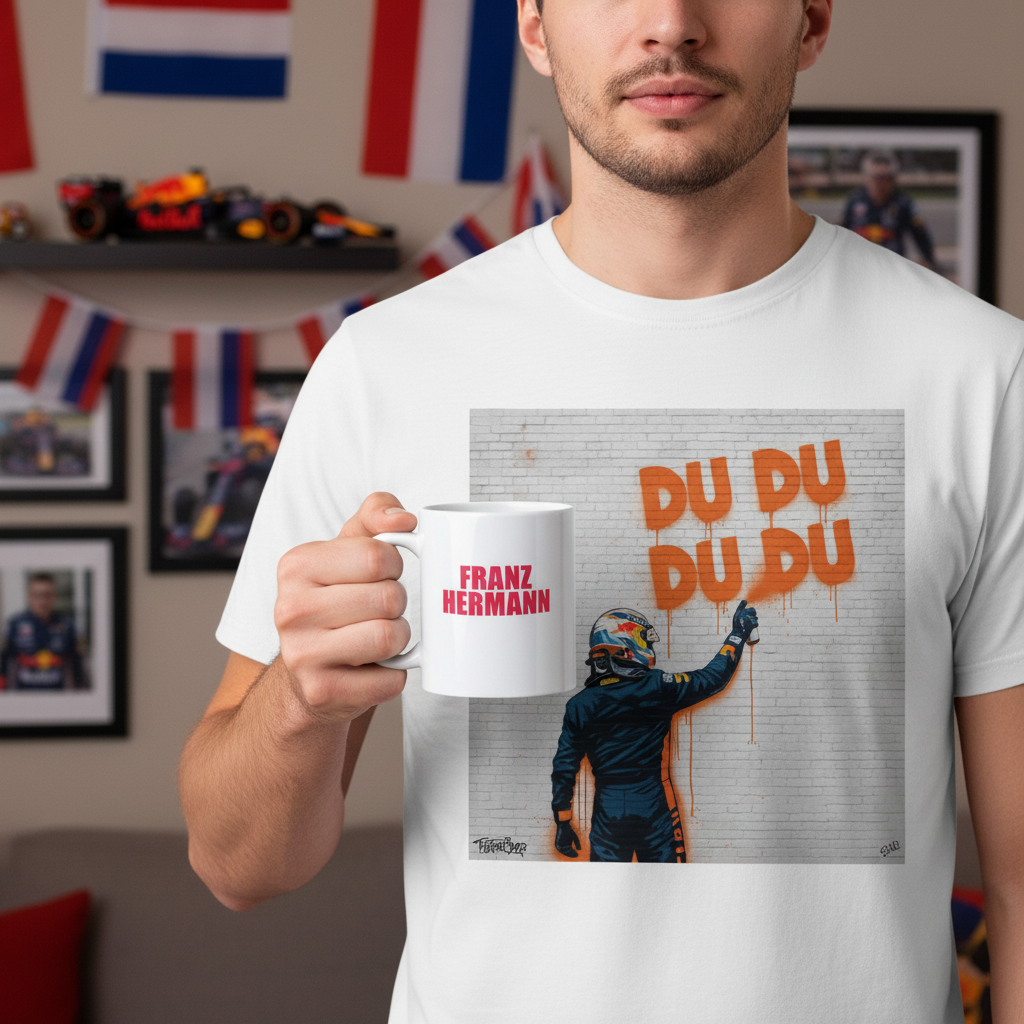 Male model in Max Series DU DU DU DU Graffiti T-Shirt holding the Franz Hermann Mug with bold redbull pink lettering in a Verstappen-themed home.
