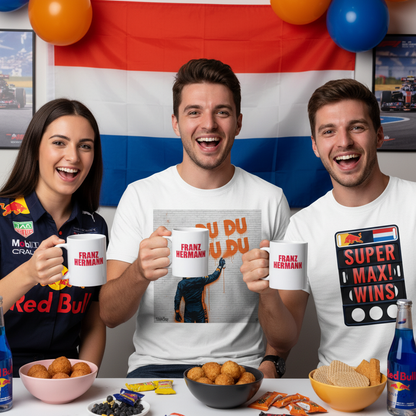 Group of Verstappen fans, some in Max Series or SUPER MAX WINS t-shirts, others in Red Bull apparel, all holding Franz Hermann Mugs at a lively race day party.