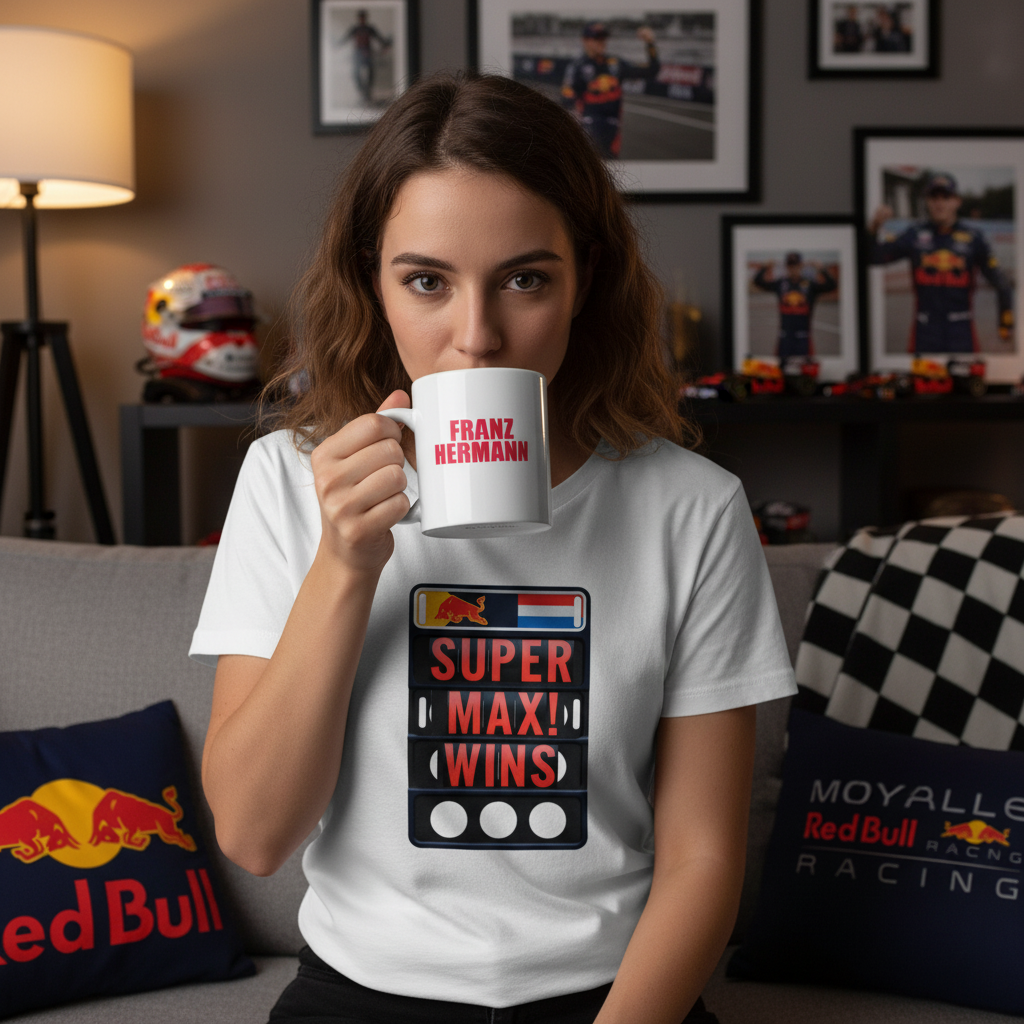 Female model in SUPER MAX WINS pit board t-shirt sipping from the Franz Hermann Mug, with Verstappen memorabilia and F1 decor.