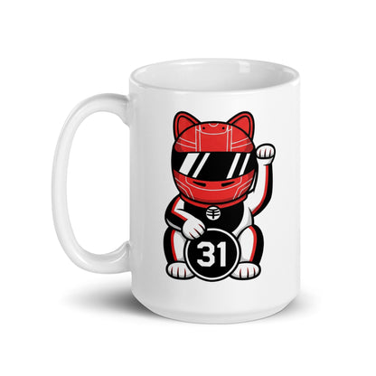 Glossy ceramic mug with a helmeted lucky cat in black/white kit and a #31 coin ideal for fans who love a fighter and respect the grind.