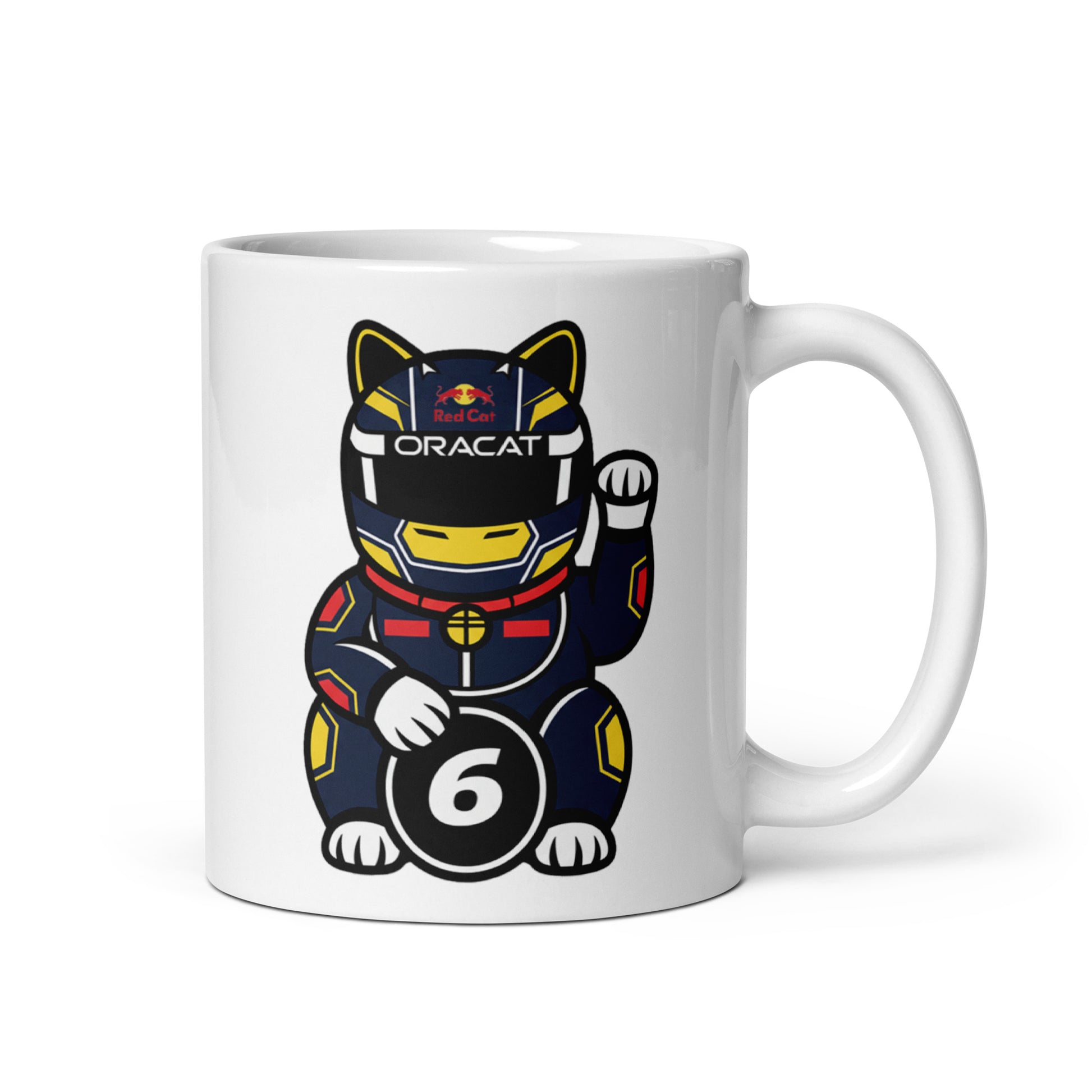 Motorsport-inspired lucky cat mug with sharp helmet styling and #6 coin detail perfect for race mornings, sleepovers, and desk flex energy.