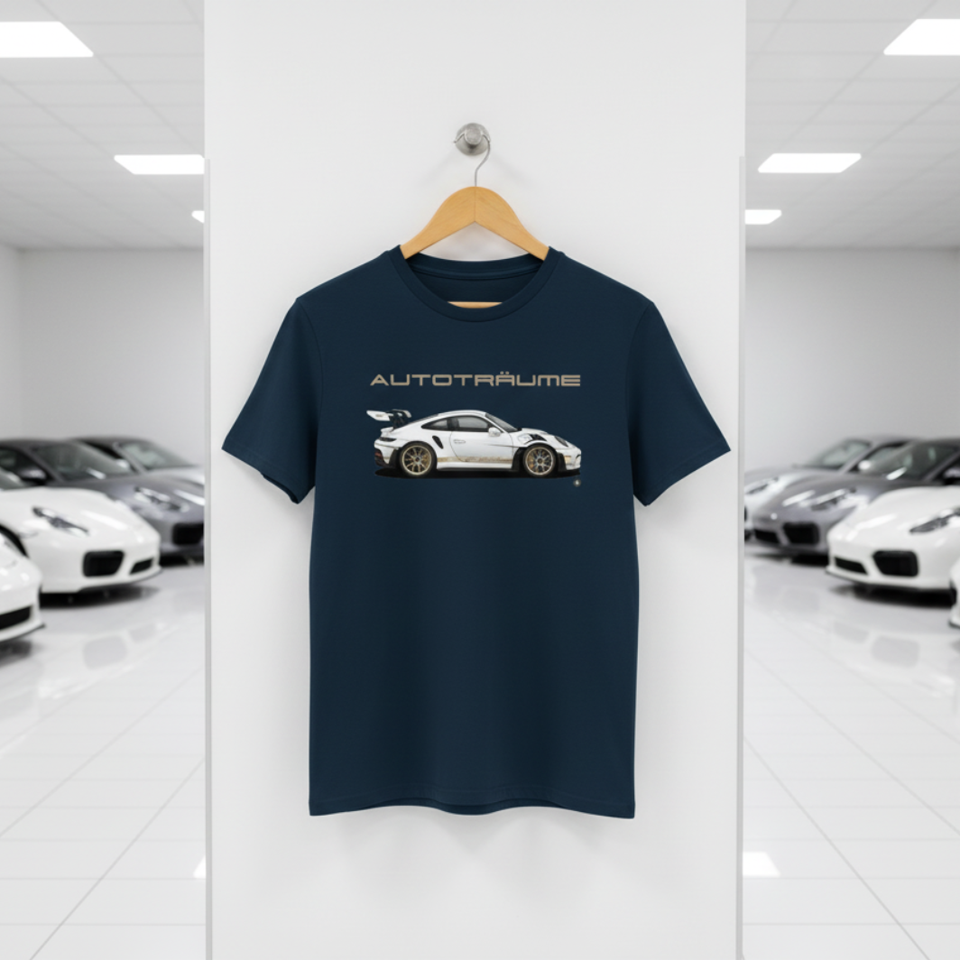French Navy AUTOTRÄUME GT3 RS T-shirt featuring a white Porsche-style GT3 RS car graphic with gold details hanging on a premium wooden hanger with a silver wall peg against a central white wall panel in a bright sports car gallery with glossy white floors and blurred white and silver sports cars on both sides.