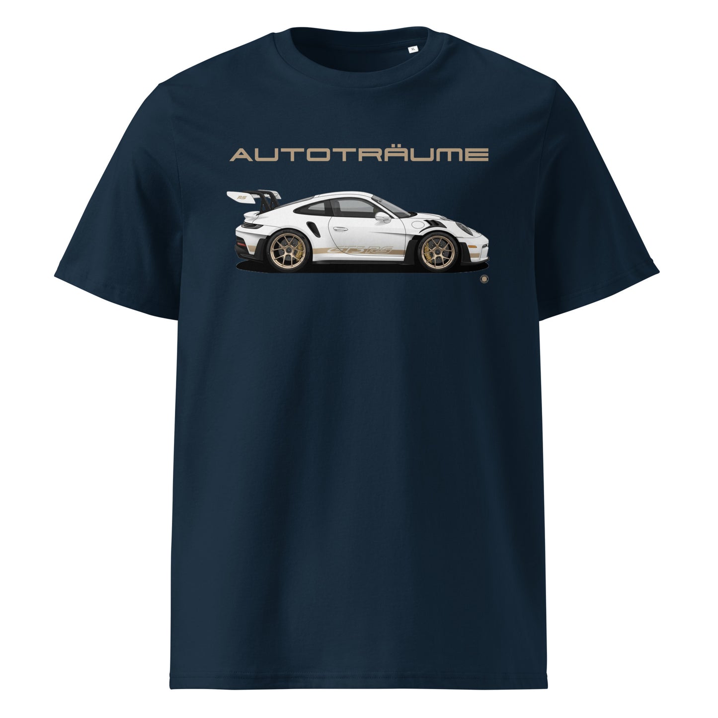 French Navy AUTOTRÄUME GT3 RS T-Shirt with Gold Detail front view.