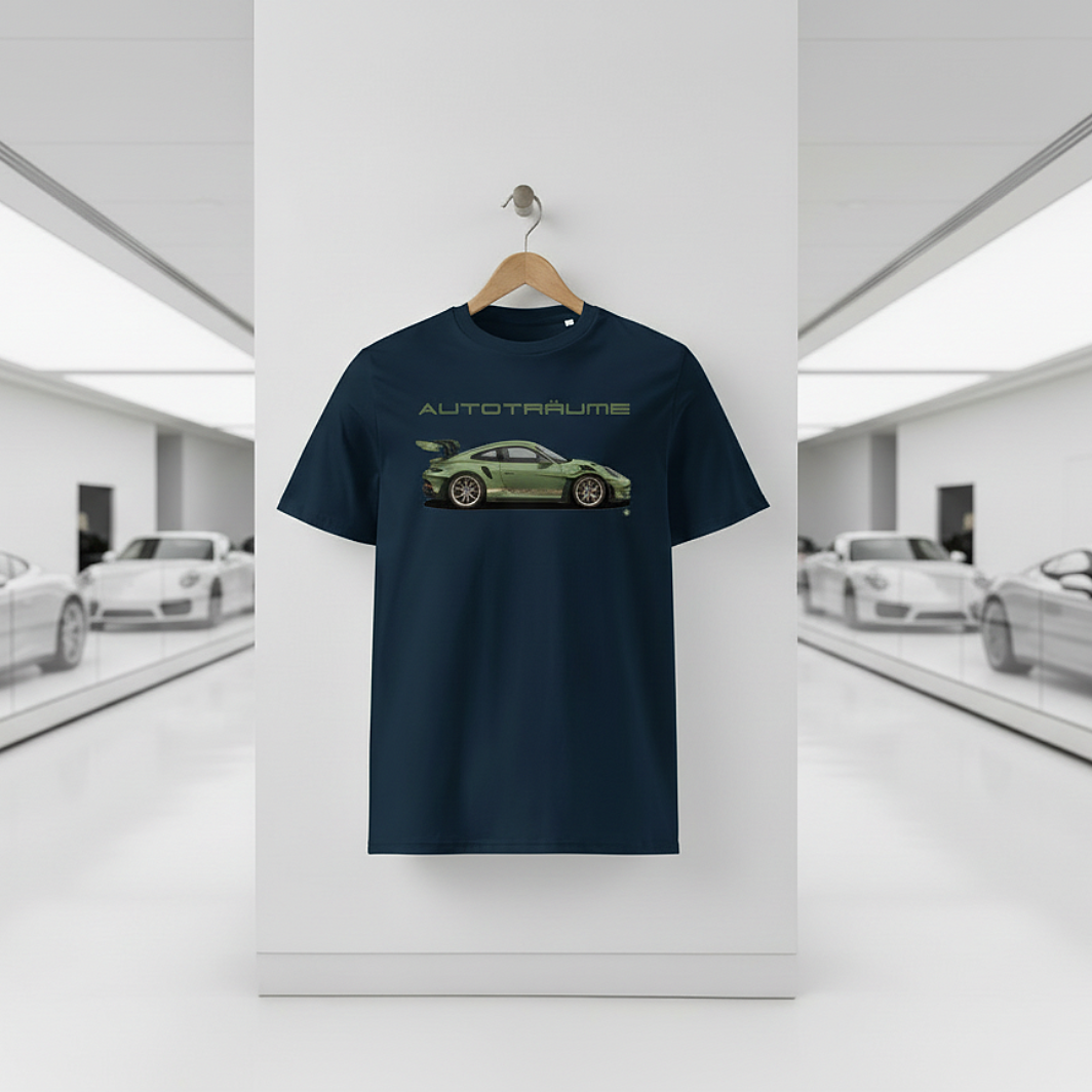 French navy AUTOTRÄUME GT3 T‑shirt with an olive green Porsche‑style car illustration hanging on a premium wooden hanger and silver peg against a central white wall in a bright sports car gallery, with a glossy white floor and blurred white and silver sports cars running down both sides.
