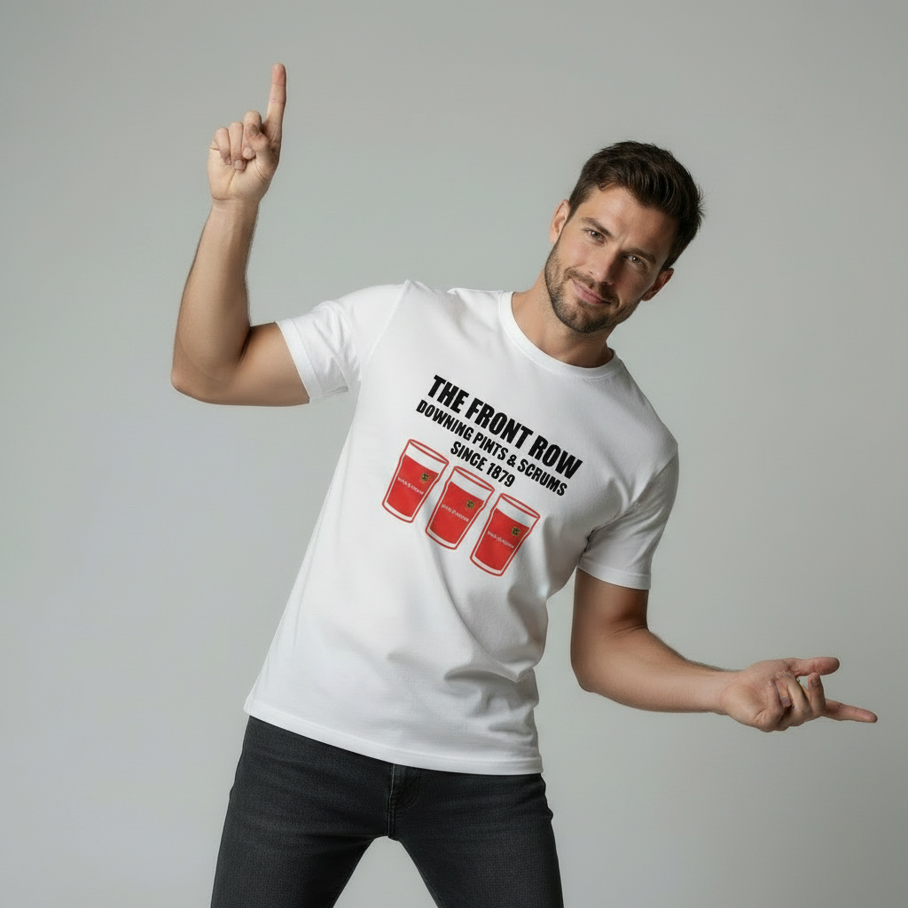 Male model doing disco finger pose wearing white Munster t-shirt with The Front Row Downing Pints & Scrums Since 1879 text