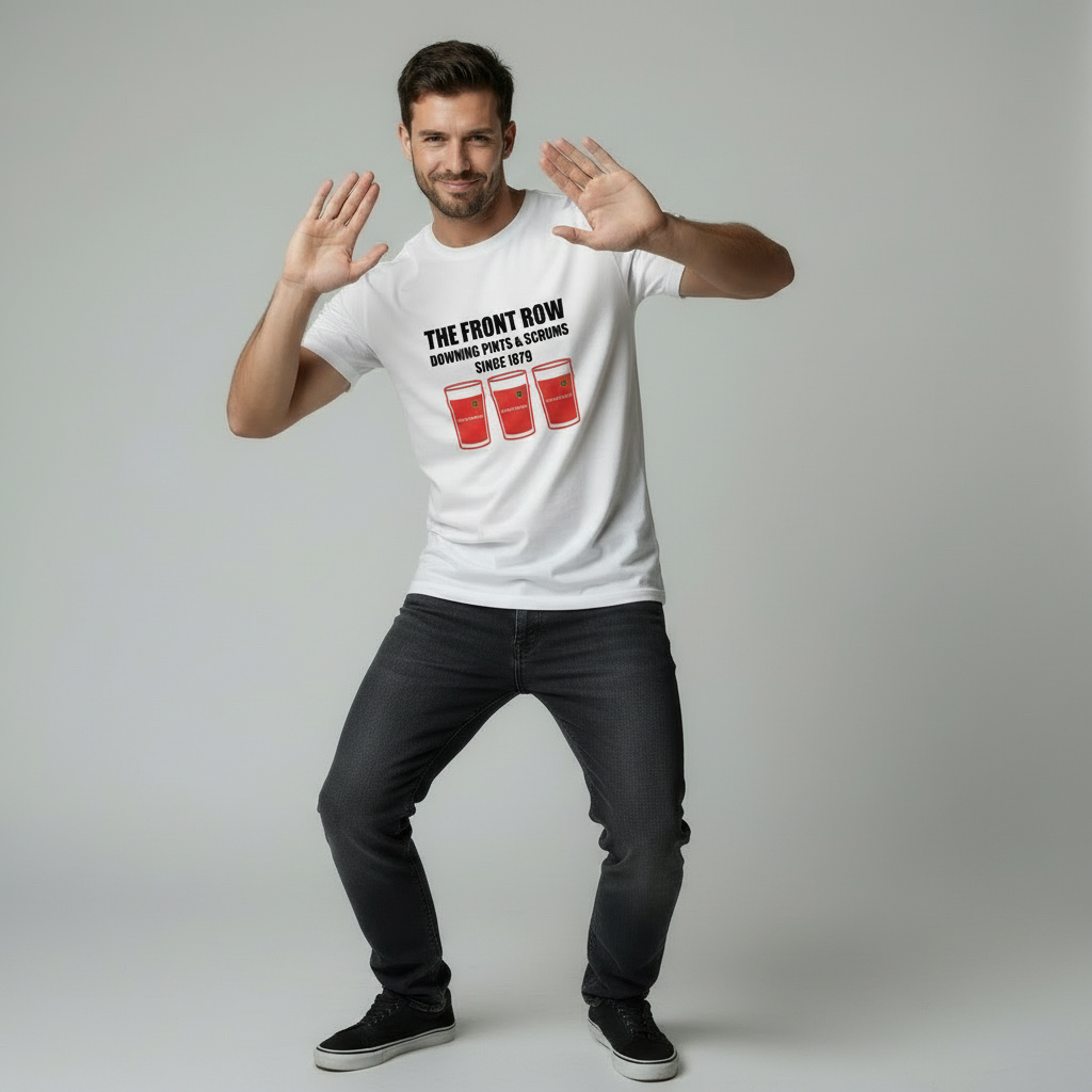 Male model doing Drake Hotline Bling dance pose wearing white Munster t-shirt with The Front Row Downing Pints & Scrums Since 1879 text and three red pint glasses graphic on light grey studio background