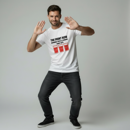Male model doing Drake Hotline Bling dance pose wearing white Munster t-shirt with The Front Row Downing Pints & Scrums Since 1879 text and three red pint glasses graphic on light grey studio background