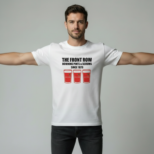 Male model with arms extended out to the sides wearing white Munster t-shirt with The Front Row Downing Pints & Scrums Since 1879 text and three red pint glasses graphic on light grey studio background