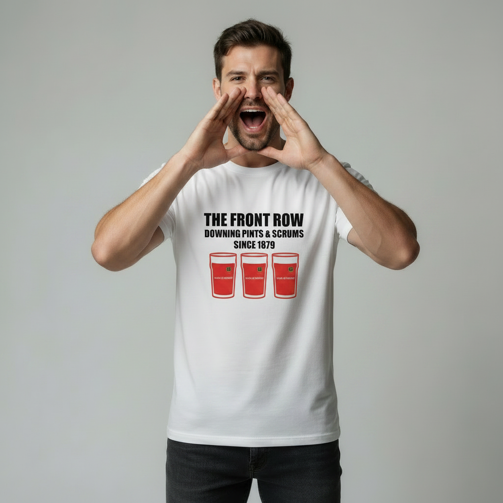 Male model shouting with hands cupped around mouth wearing white Munster t-shirt with The Front Row Downing Pints & Scrums Since 1879 text and three red pint glasses graphic on light grey studio background