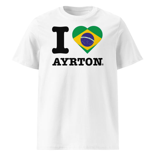 Features “I ❤️ AYRTON” with a heart made from the Brazilian flag. A bold tribute for F1 fans.