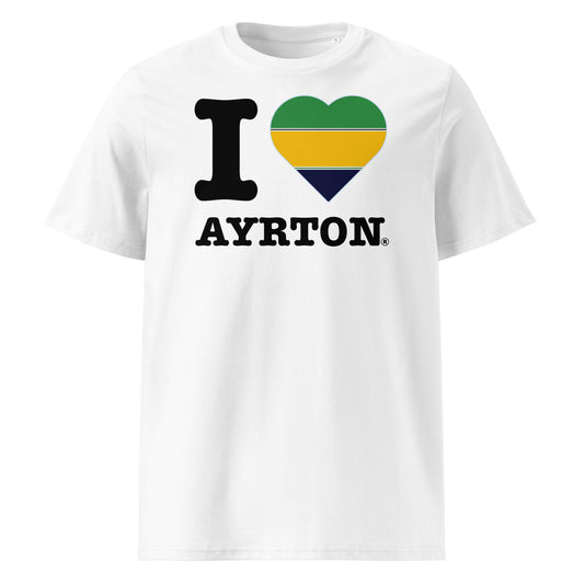 Features “I ❤️ AYRTON” with a heart in green, yellow, and blue. A bold F1 fan tribute tee.