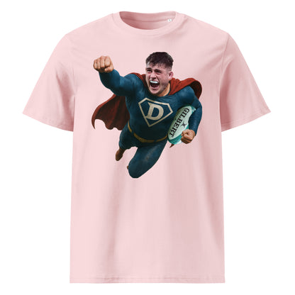 Pink t-shirt with a vibrant superhero graphic of Dan Sheehan soaring through the air, rugby ball in hand. The red cape and blue suit pop against the pink background — a fun, bold choice for fans of flair and forward dominance.