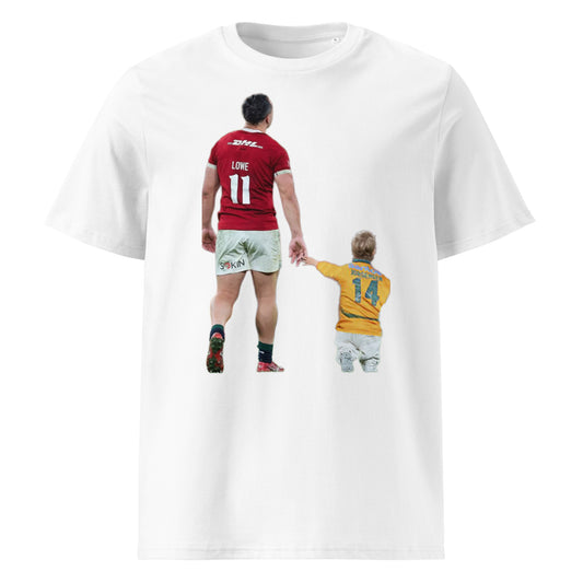 White t-shirt showing James Lowe with a pint-sized Max Jorgensen in tow. A playful nod to the Lions’ test series, where Lowe had the Aussie winger in his pocket. Ideal for fans of Leinster, the Lions, and rugby banter.