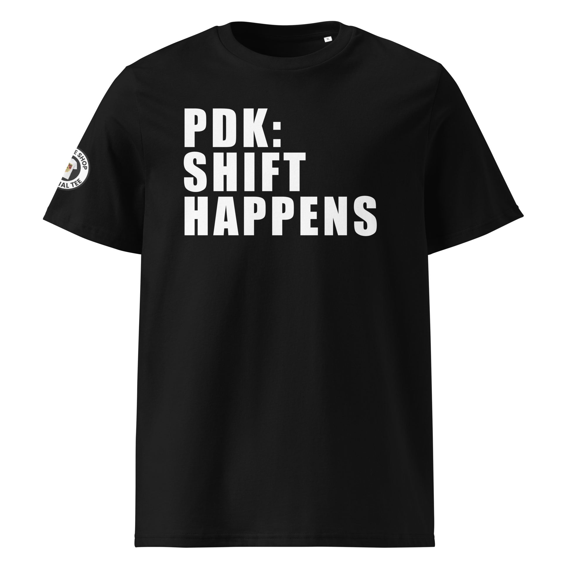 Check out the front view of our Black PDK Shift Happens T-Shirt, featuring a clever slogan. Perfect for car meets and shows. High-quality fabric and unique design.