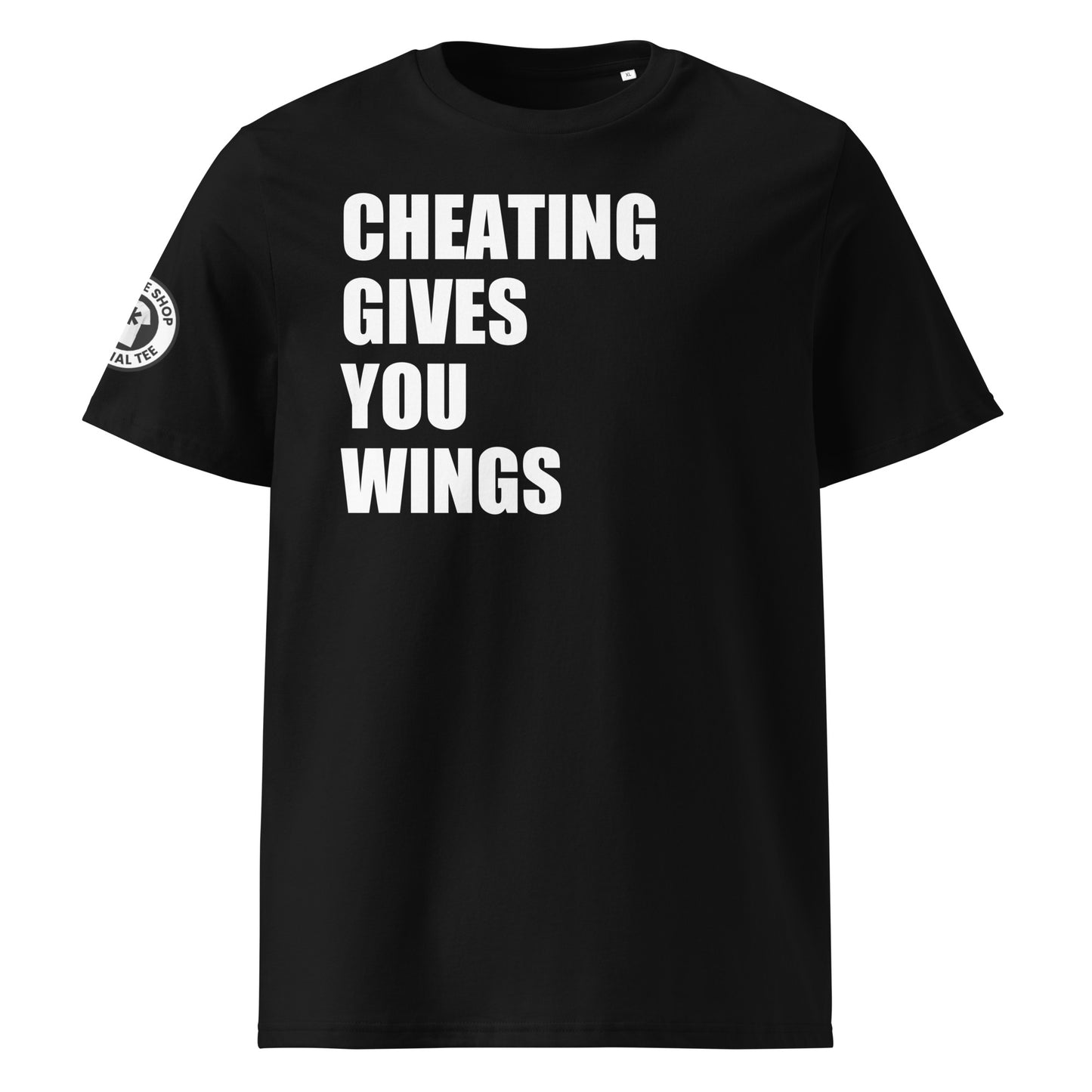 Check out the front view of our Cheating Gives You Wings Black T-Shirt, featuring bold text with a cheeky message for F1 fans.