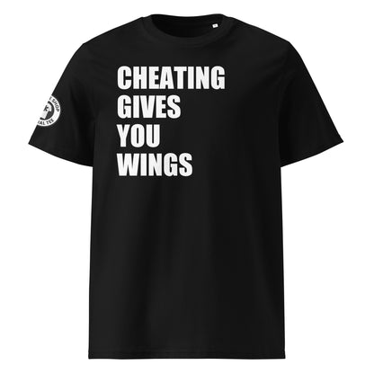 Check out the front view of our Cheating Gives You Wings Black T-Shirt, featuring bold text with a cheeky message for F1 fans.