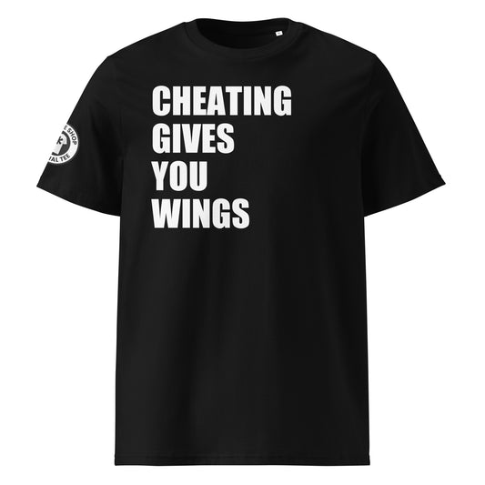 Check out the front view of our Cheating Gives You Wings Black T-Shirt, featuring bold text with a cheeky message for F1 fans.
