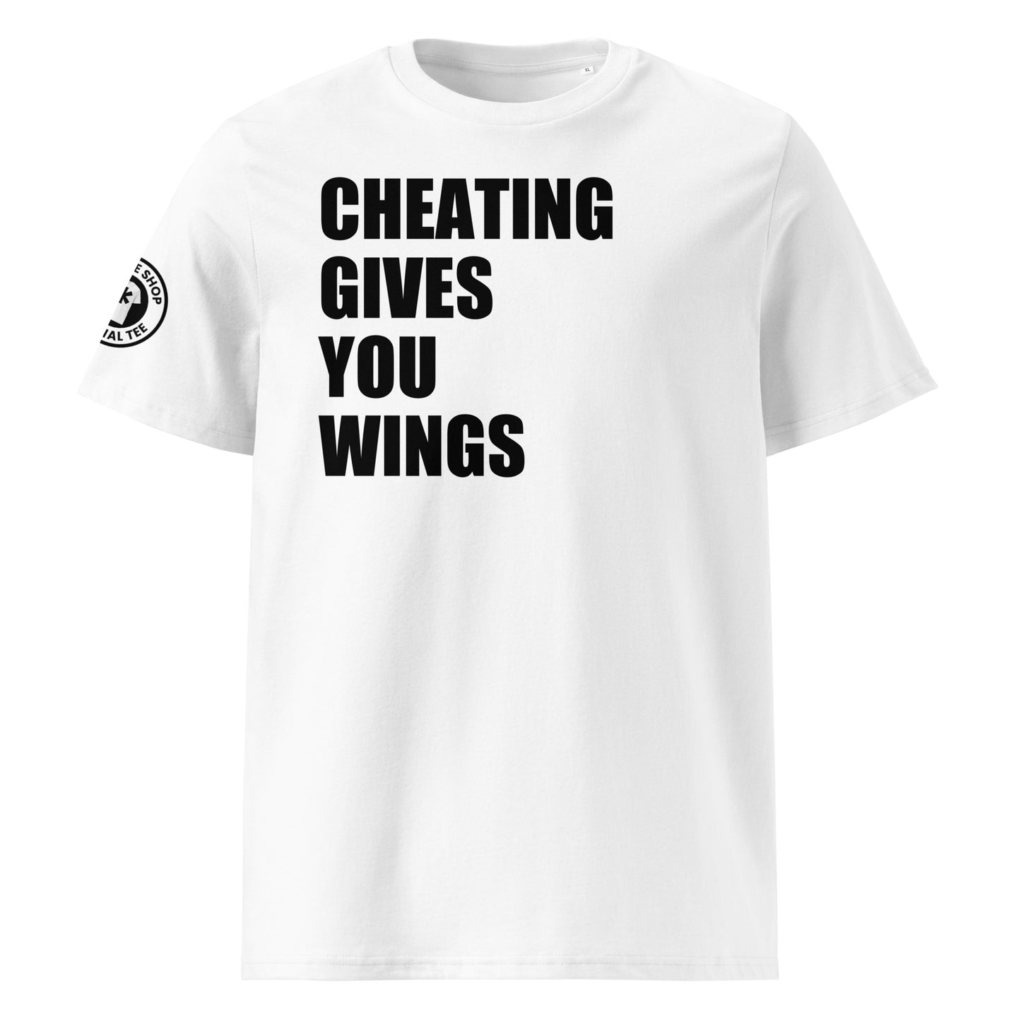 Check out the front view of our Cheating Gives You Wings White T-Shirt, featuring bold text with a cheeky message for F1 fans.