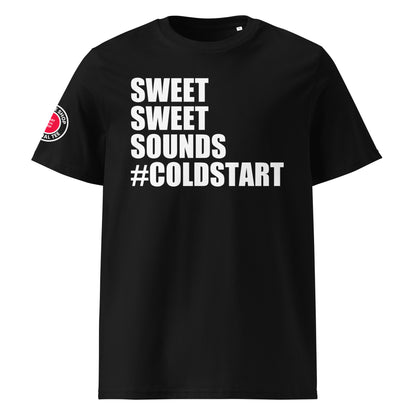 Check out the front view of our Cold Start Black T-Shirt, featuring bold text celebrating the sweet sounds of a cold engine start.