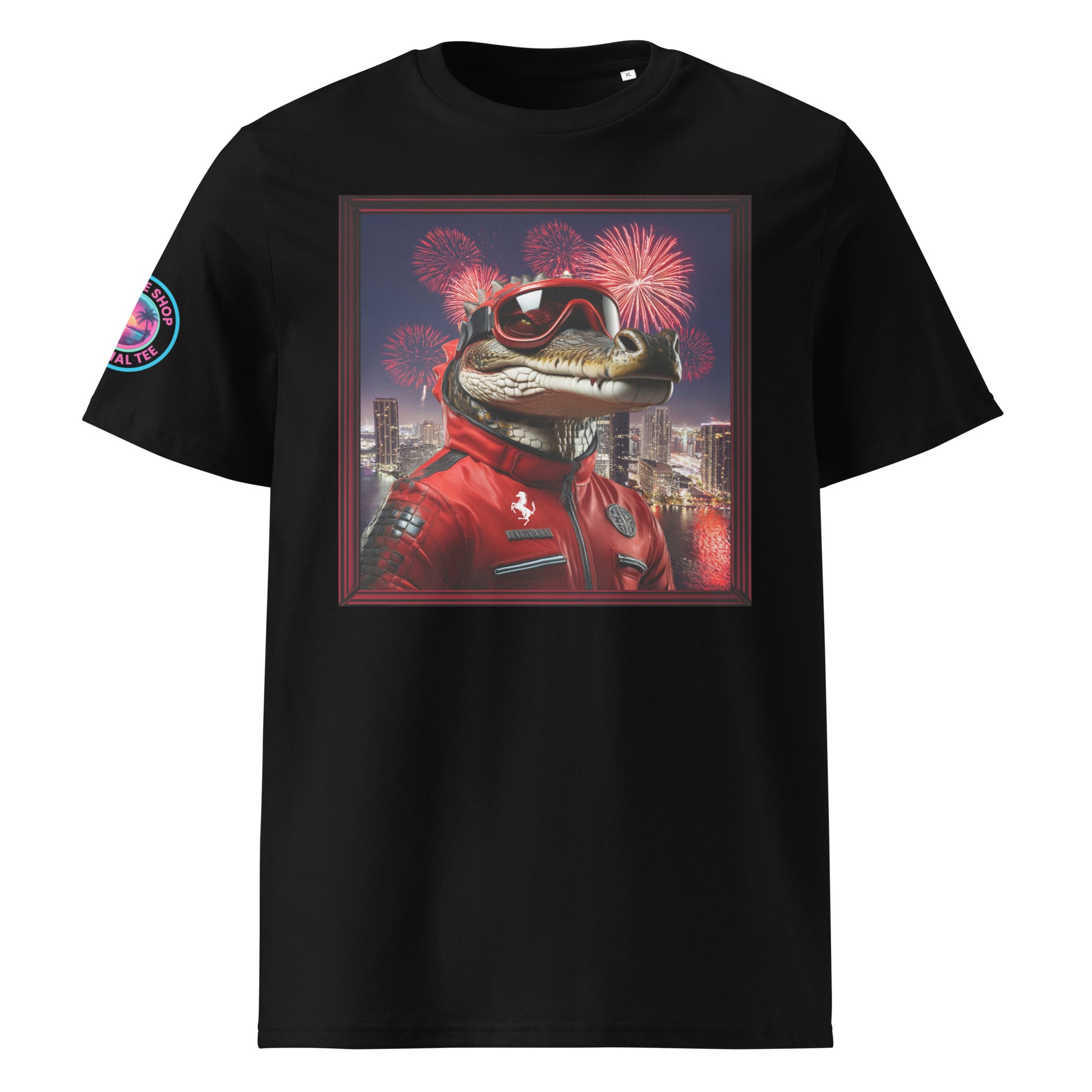 Front view of our Ferrari F1 Gator Miami Grand Prix white t-shirt showcasing a bold gator racer against a vibrant Miami backdrop. A stylish addition to your wardrobe and a great conversation starter.