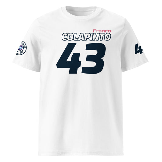 Check out the front view of our Franco Colapinto Driver White T-Shirt, featuring bold text and graphics celebrating Franco Colapinto's F1 career.