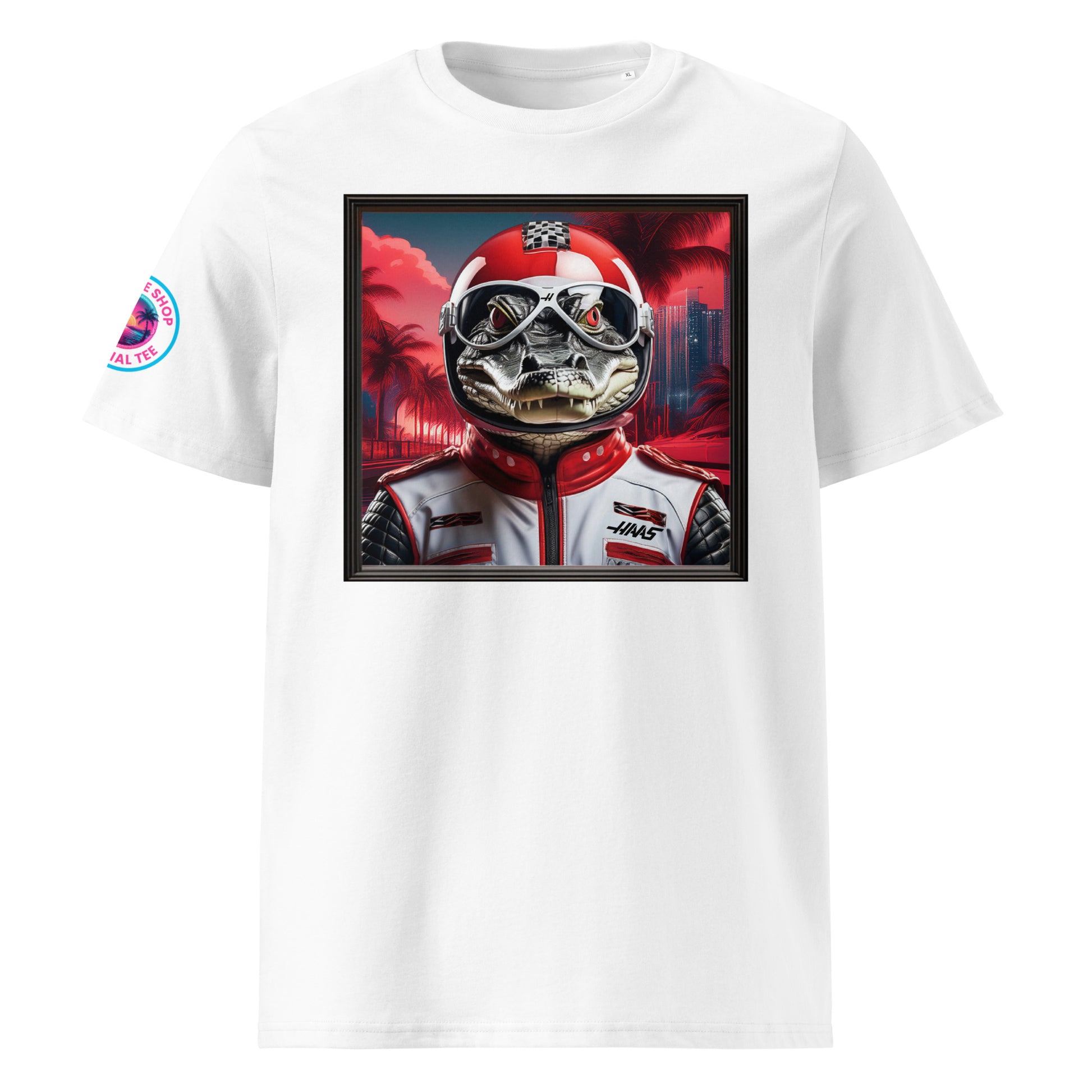 Front view of our Haas F1 Miami Grand Prix t-shirt showcasing a fierce alligator racer against a tropical Miami backdrop. A stylish addition to your wardrobe and a great conversation starter.
