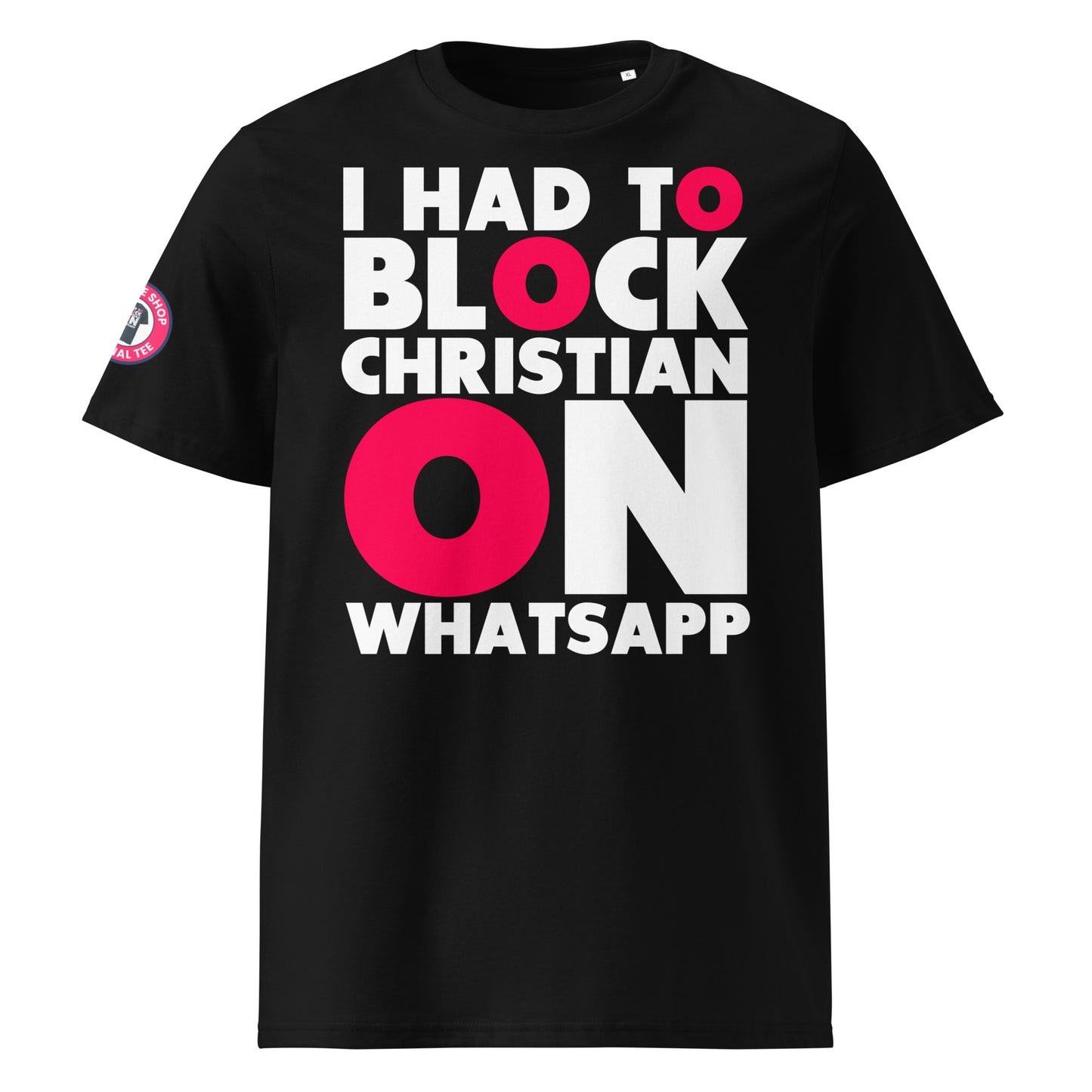 Check out the front view of our I Had to Block Christian on WhatsApp Black T-Shirt, featuring bold text with a cheeky message for F1 fans.
