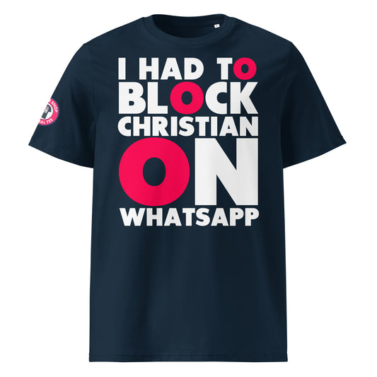 Check out the front view of our I Had to Block Christian on WhatsApp Navy Blue T-Shirt, featuring bold text with a cheeky message for F1 fans.