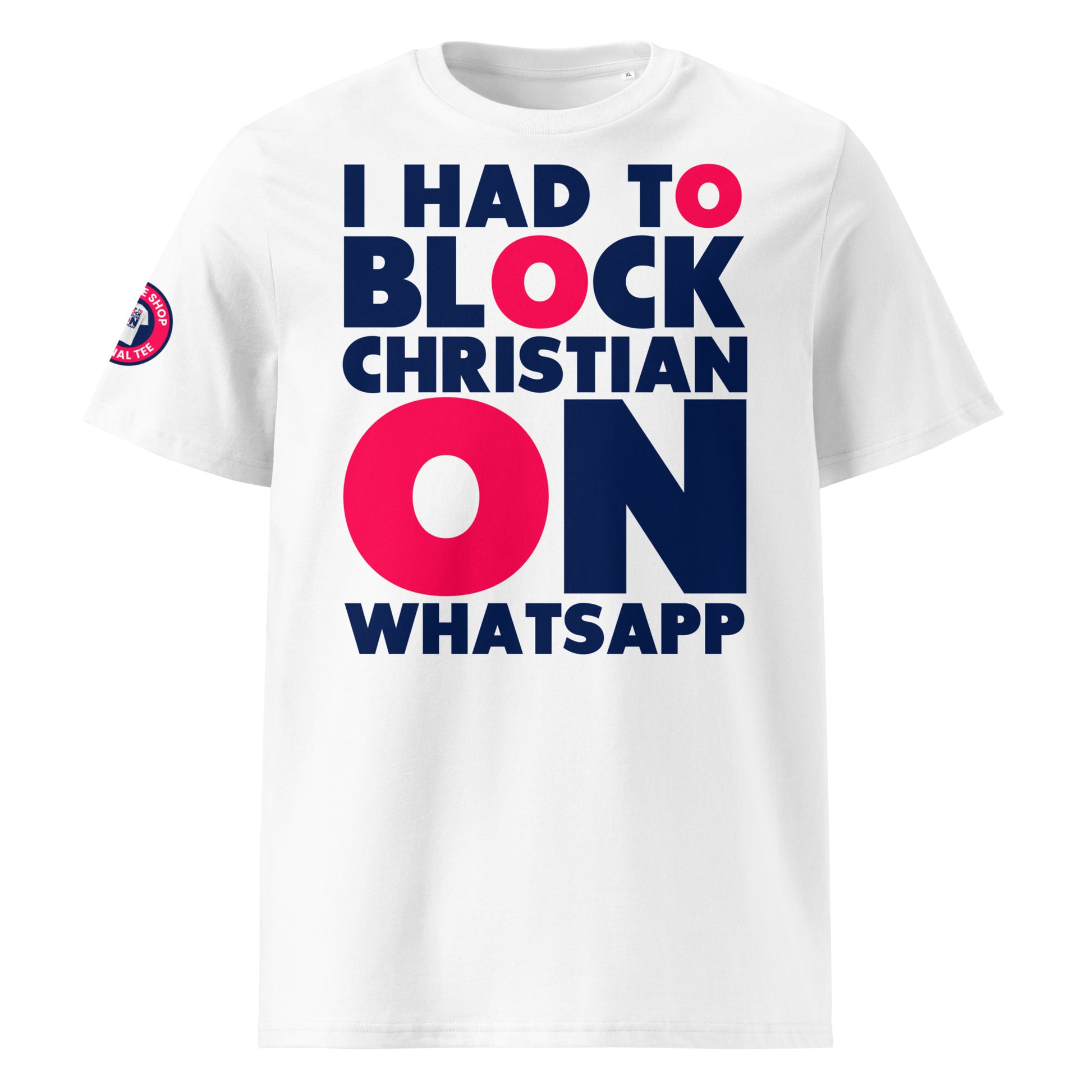 Check out the front view of our I Had to Block Christian on WhatsApp White T-Shirt, featuring bold text with a cheeky message for F1 fans.