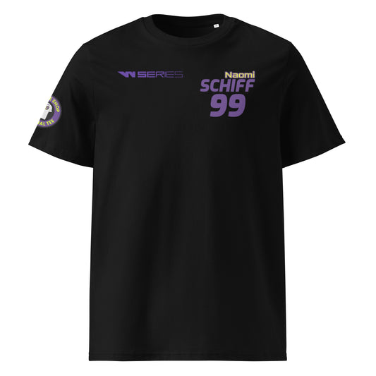 Check out the front view of our Naomi Schiff W Series Black T-Shirt, featuring bold text and graphics celebrating Naomi Schiff's racing career.