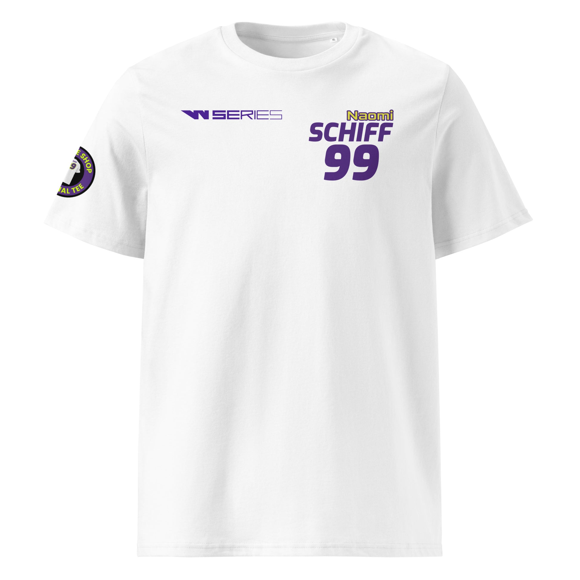 Check out the front view of our Naomi Schiff W Series White T-Shirt, featuring bold text and graphics celebrating Naomi Schiff's racing career.