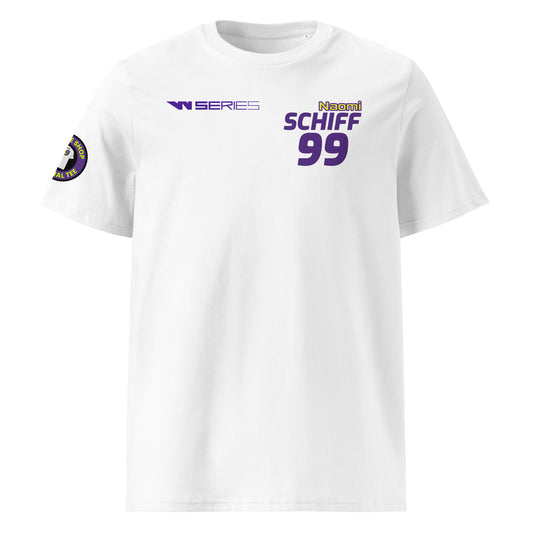 Check out the front view of our Naomi Schiff W Series White T-Shirt, featuring bold text and graphics celebrating Naomi Schiff's racing career.