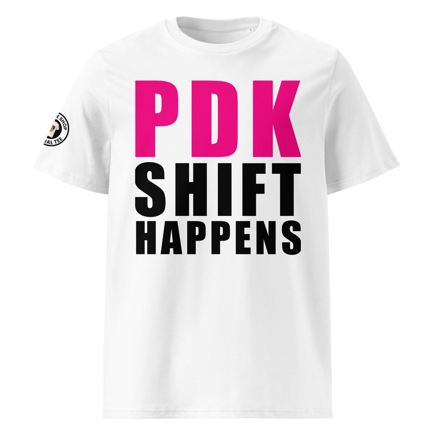 Check out the front view of our PDK Shift Happens White T-Shirt, featuring bold text celebrating Porsche's PDK transmission.