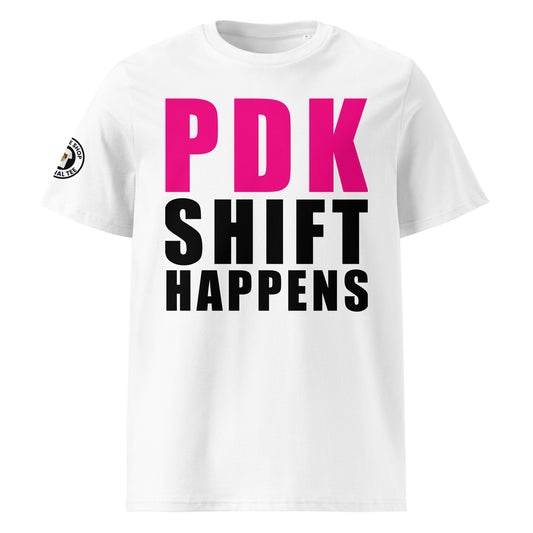 Check out the front view of our PDK Shift Happens White T-Shirt, featuring bold text celebrating Porsche's PDK transmission.