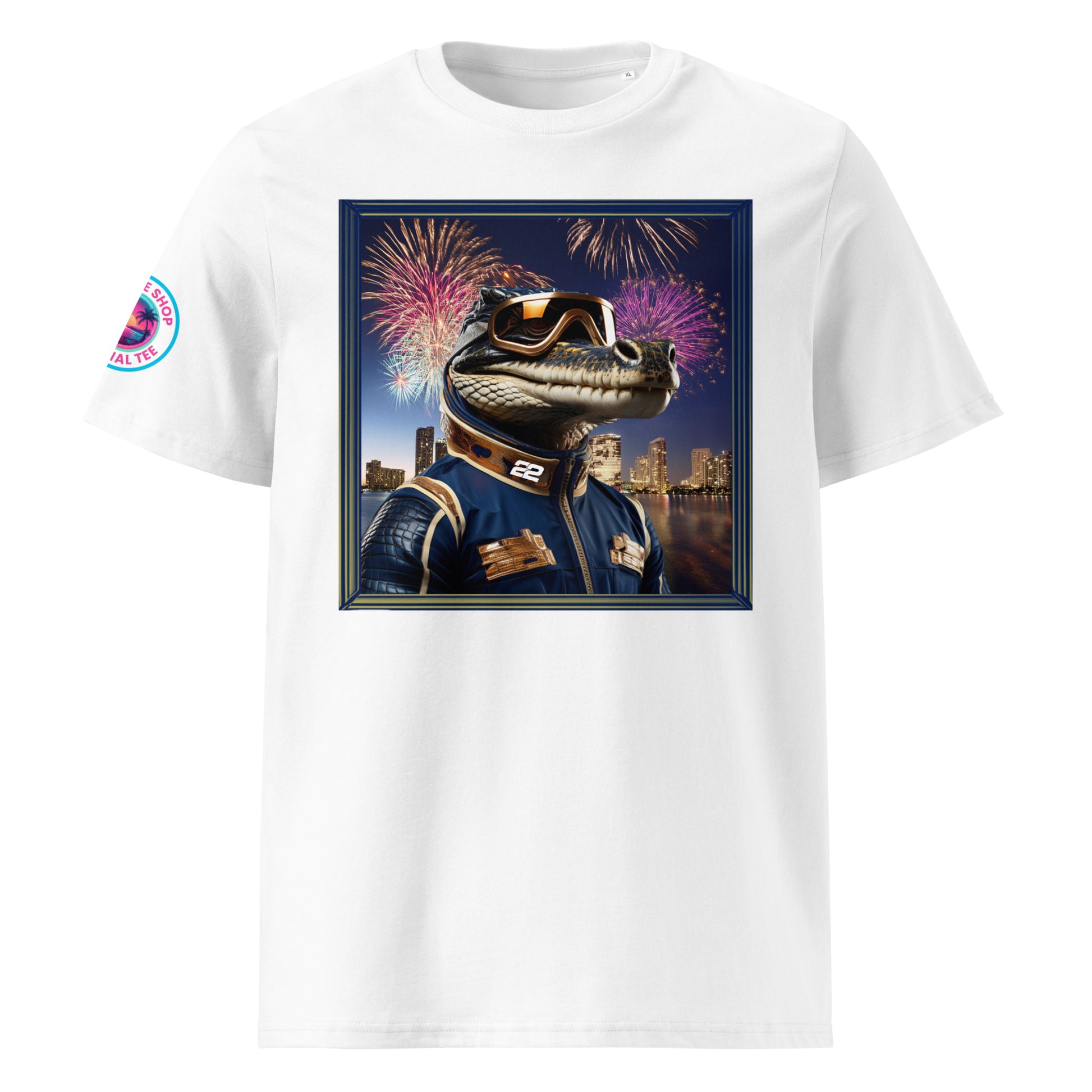 Front view of our Red Bull Racing F1 Gator Miami Grand Prix white t-shirt showcasing a dynamic gator racer against a vibrant Miami backdrop. A stylish addition to your wardrobe and a great conversation starter.