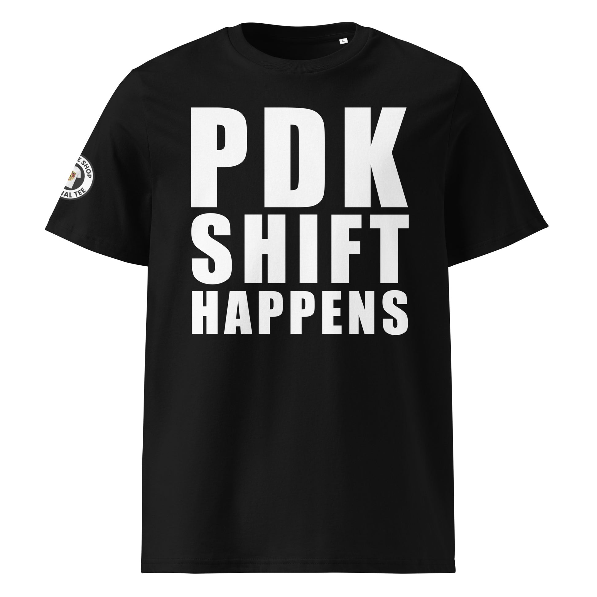 Bold "PDK" and "SHIFT HAPPENS" design on the front of the black t-shirt. Perfect for Porsche fans.