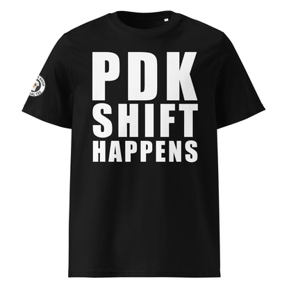 Bold "PDK" and "SHIFT HAPPENS" design on the front of the black t-shirt. Perfect for Porsche fans.
