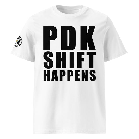 Striking black "PDK" and "SHIFT HAPPENS" design on the front of the white t-shirt. Perfect for Porsche enthusiasts.